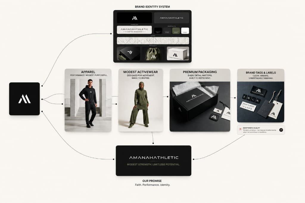 Amana Hathletic brand identity system with apparel, packaging, and labels