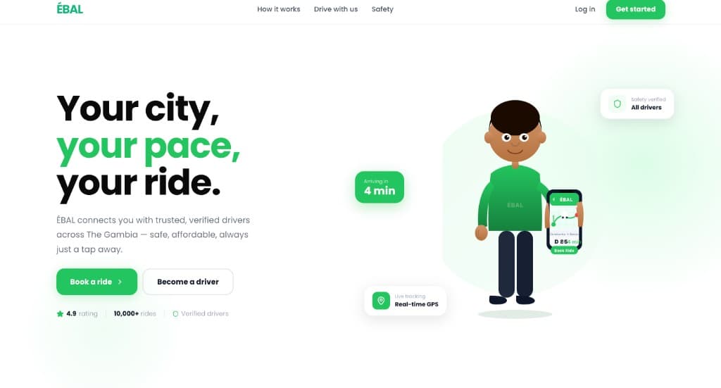 ÉBAL ride-hailing landing page with live tracking and book a ride CTA