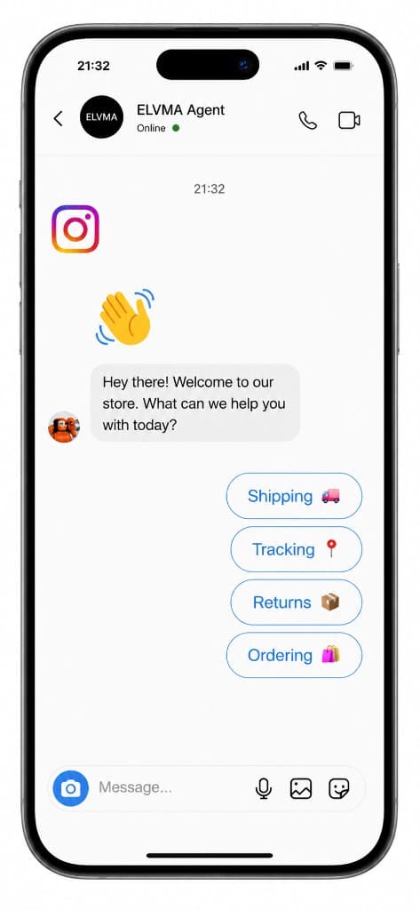 ELVMA Agent Instagram DM chatbot with shipping, tracking, returns, and ordering options