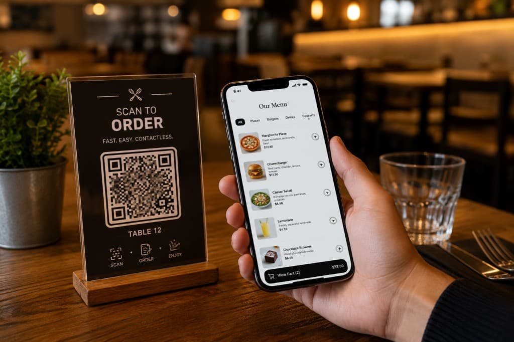 Phone showing a digital restaurant menu next to a SCAN TO ORDER QR table sign